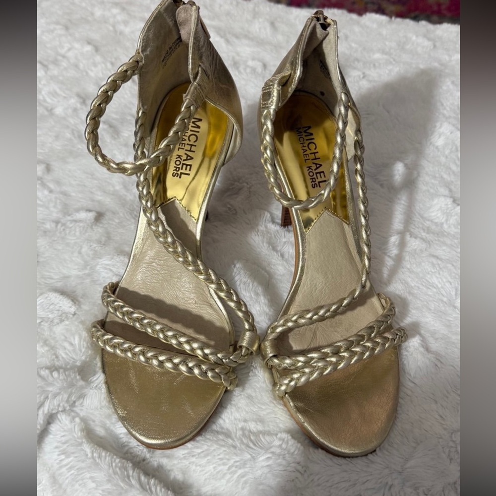 Michael Kors scrappy brushed gold braided genuine leather heels
